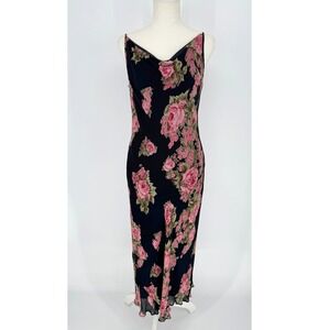 Vtg 90s American Angel Floral Maxi Dress M Pink Rose Cowl Neck Grunge Romantic